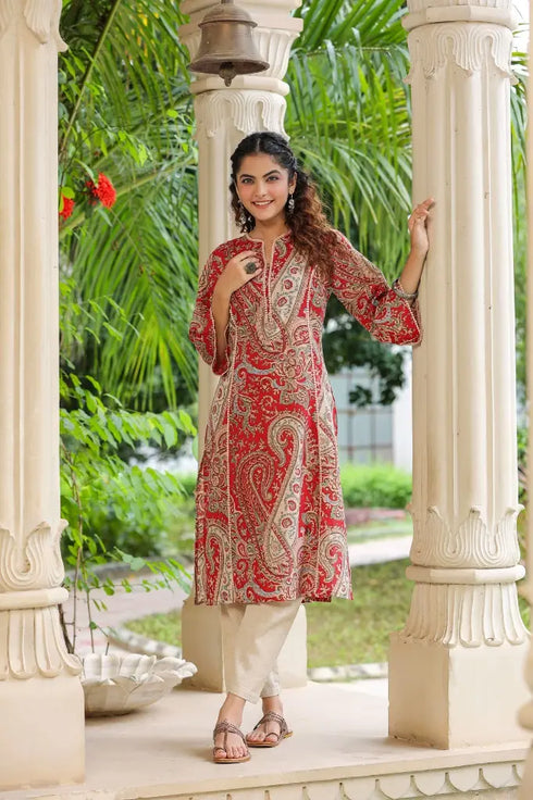 Women Red Paisley Prented Pure Cotton A-line Kurta